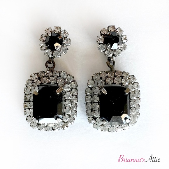 Black stone Crystal Silver Rhinestone Dangle Drop Clip-on Earrings - Picture 1 of 8